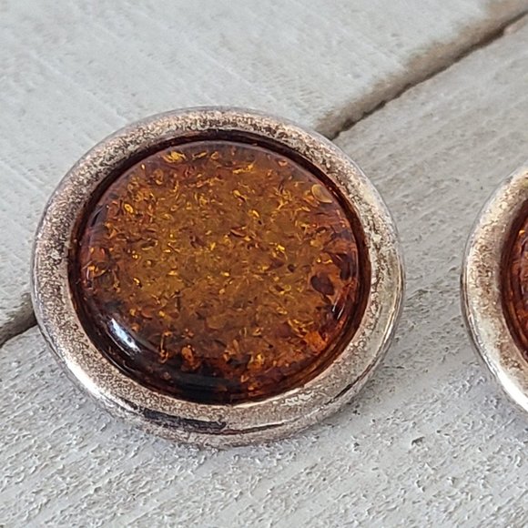 Vintage Sterling Silver Cognac Amber Earrings Circle Clip On - Picture 3 of 12